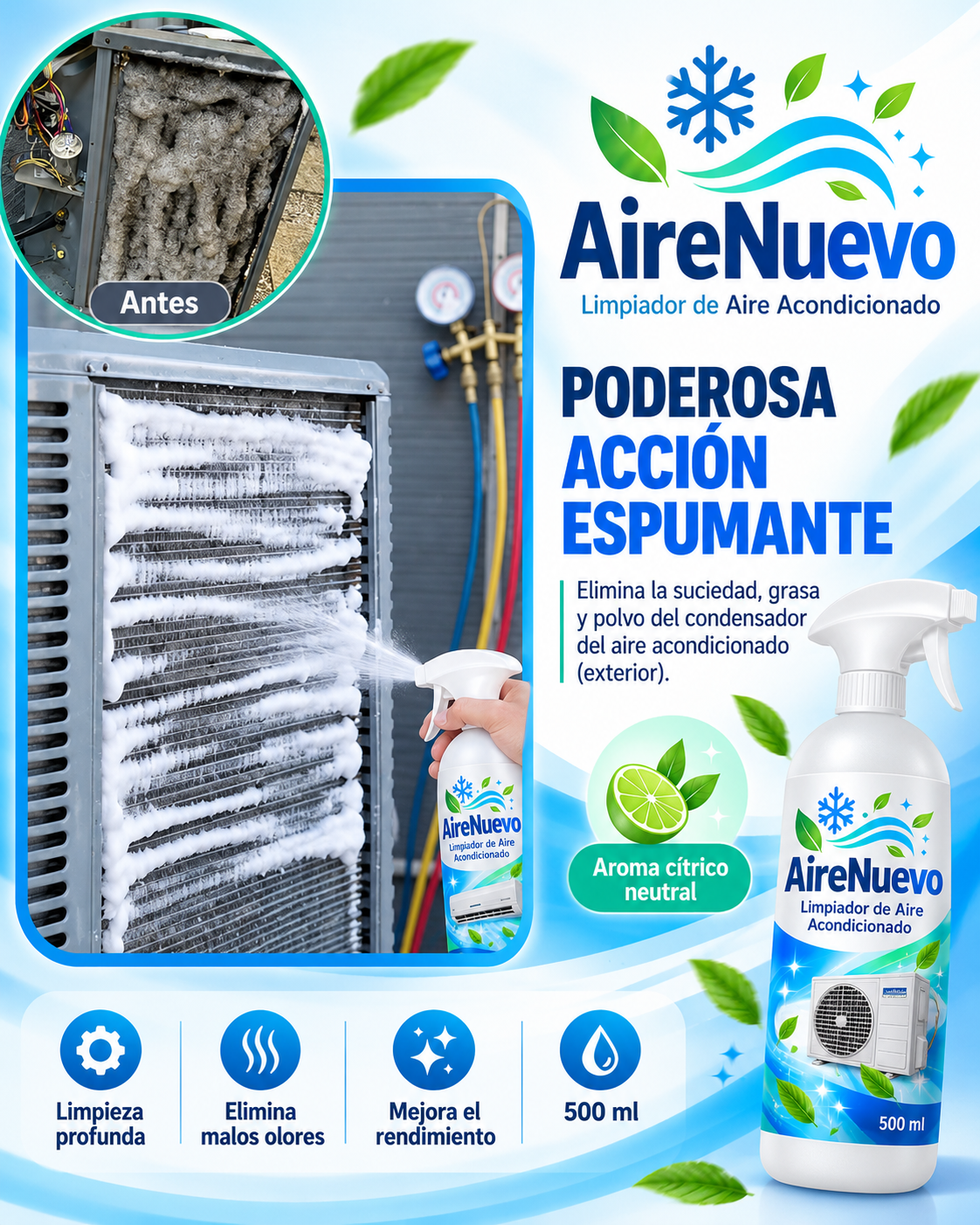 Acción espumante de AireNuevo limpiando la unidad exterior del aire acondicionado