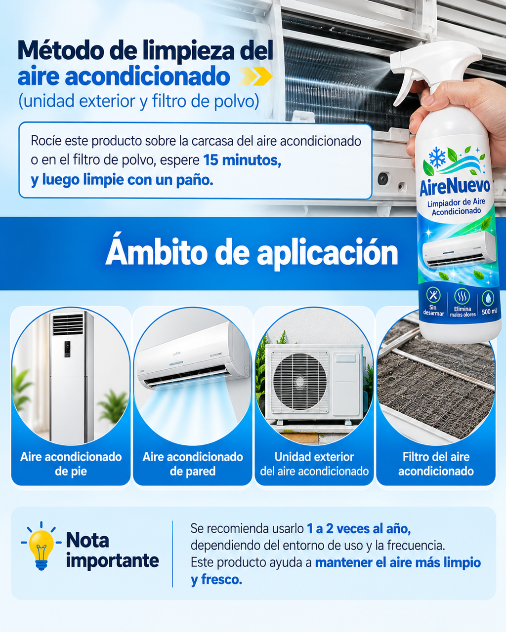 Cómo usar AireNuevo en aire de pared, de pie, unidad exterior y filtro