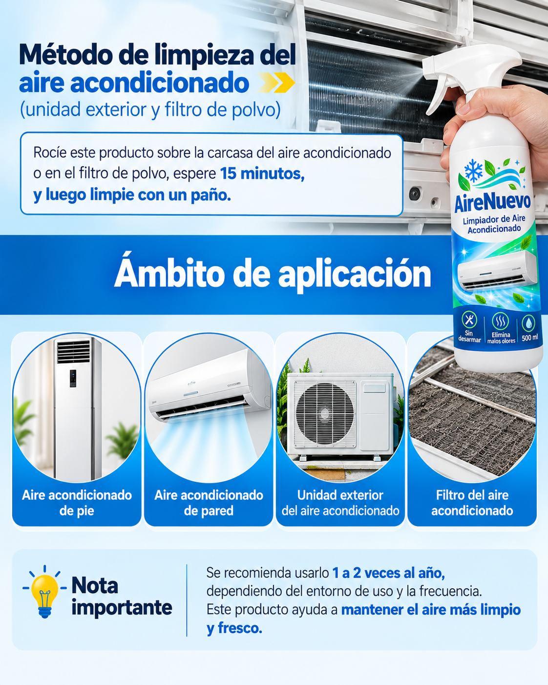 Cómo usar AireNuevo en aire de pared, de pie, unidad exterior y filtro