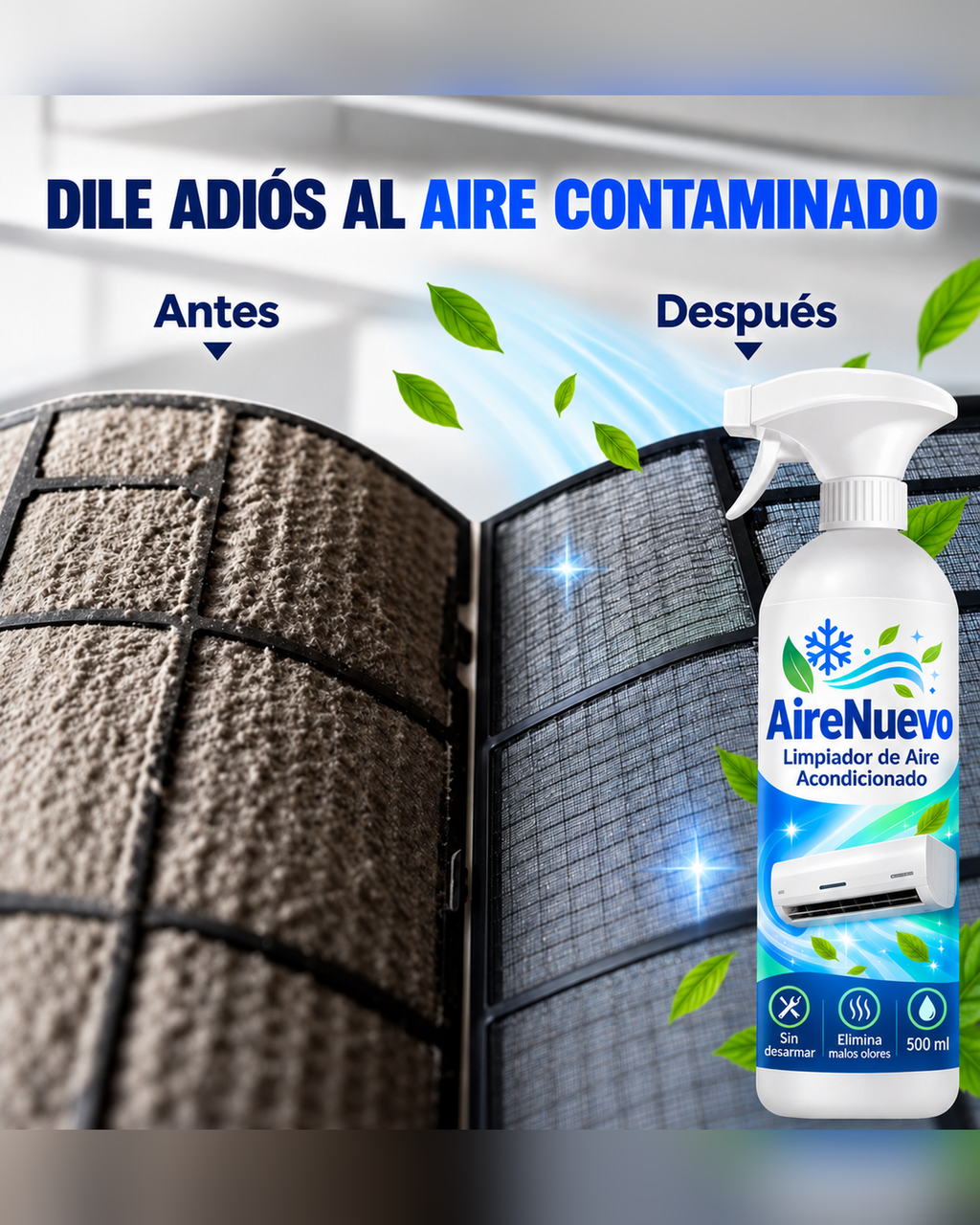 Filtro de aire acondicionado antes y después de limpiar con AireNuevo
