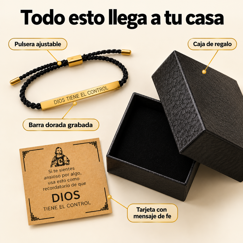 Qué incluye: pulsera ajustable, barra grabada, tarjeta de fe y caja de regalo