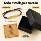 Qué incluye: pulsera ajustable, barra grabada, tarjeta de fe y caja de regalo