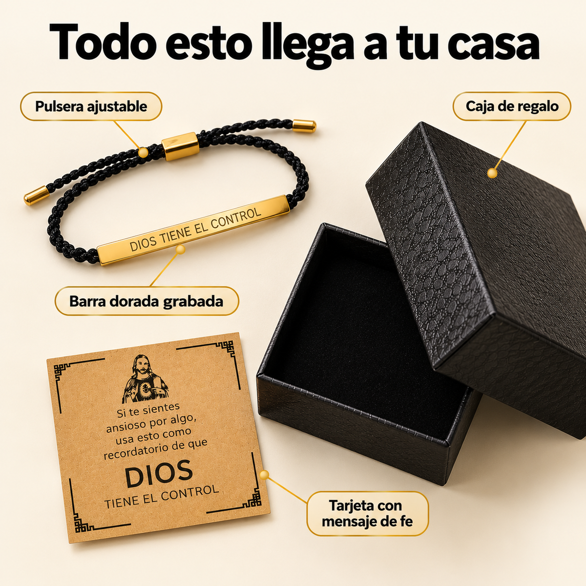 Qué incluye: pulsera ajustable, barra grabada, tarjeta de fe y caja de regalo