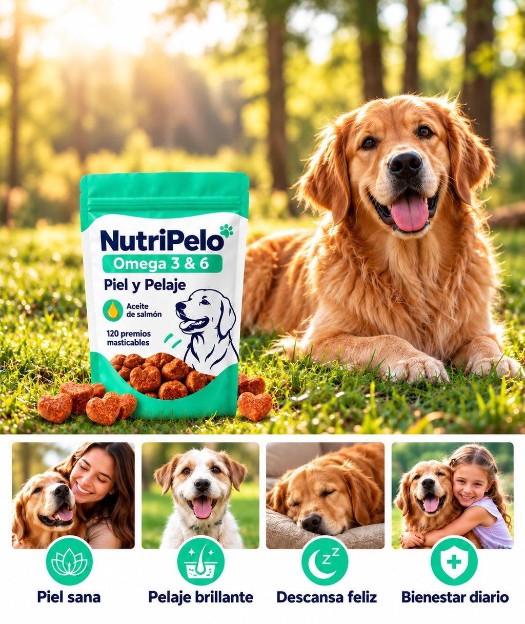 Perro feliz en el parque con NutriPelo: piel sana, pelaje brillante, descansa feliz, bienestar diario