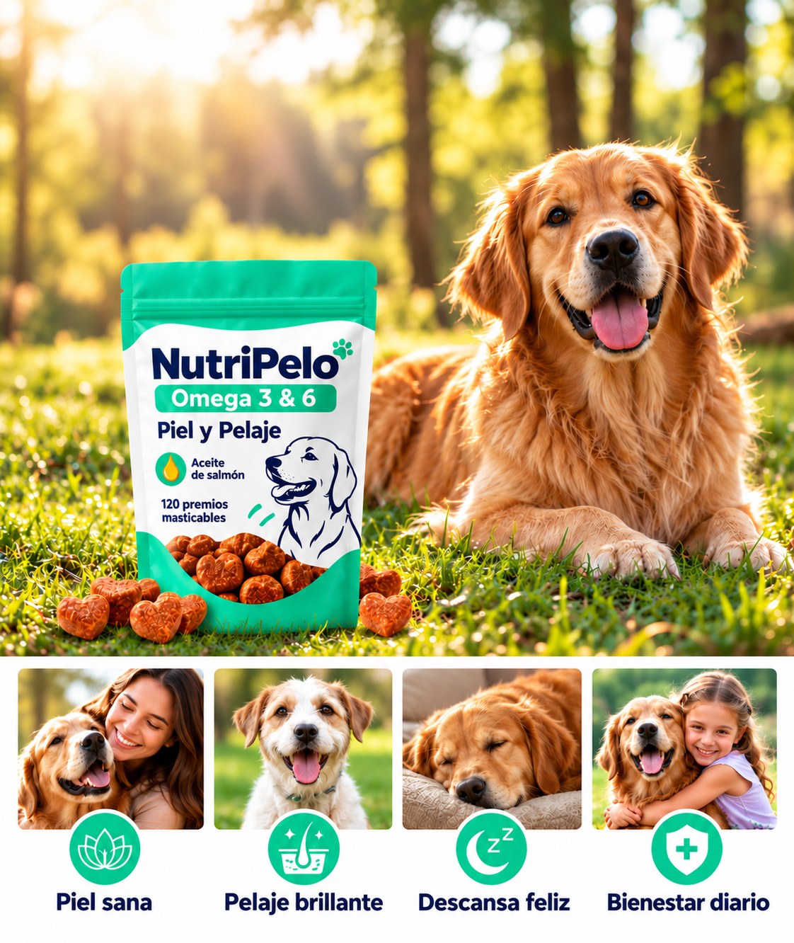 Perro feliz en el parque con NutriPelo: piel sana, pelaje brillante, descansa feliz, bienestar diario