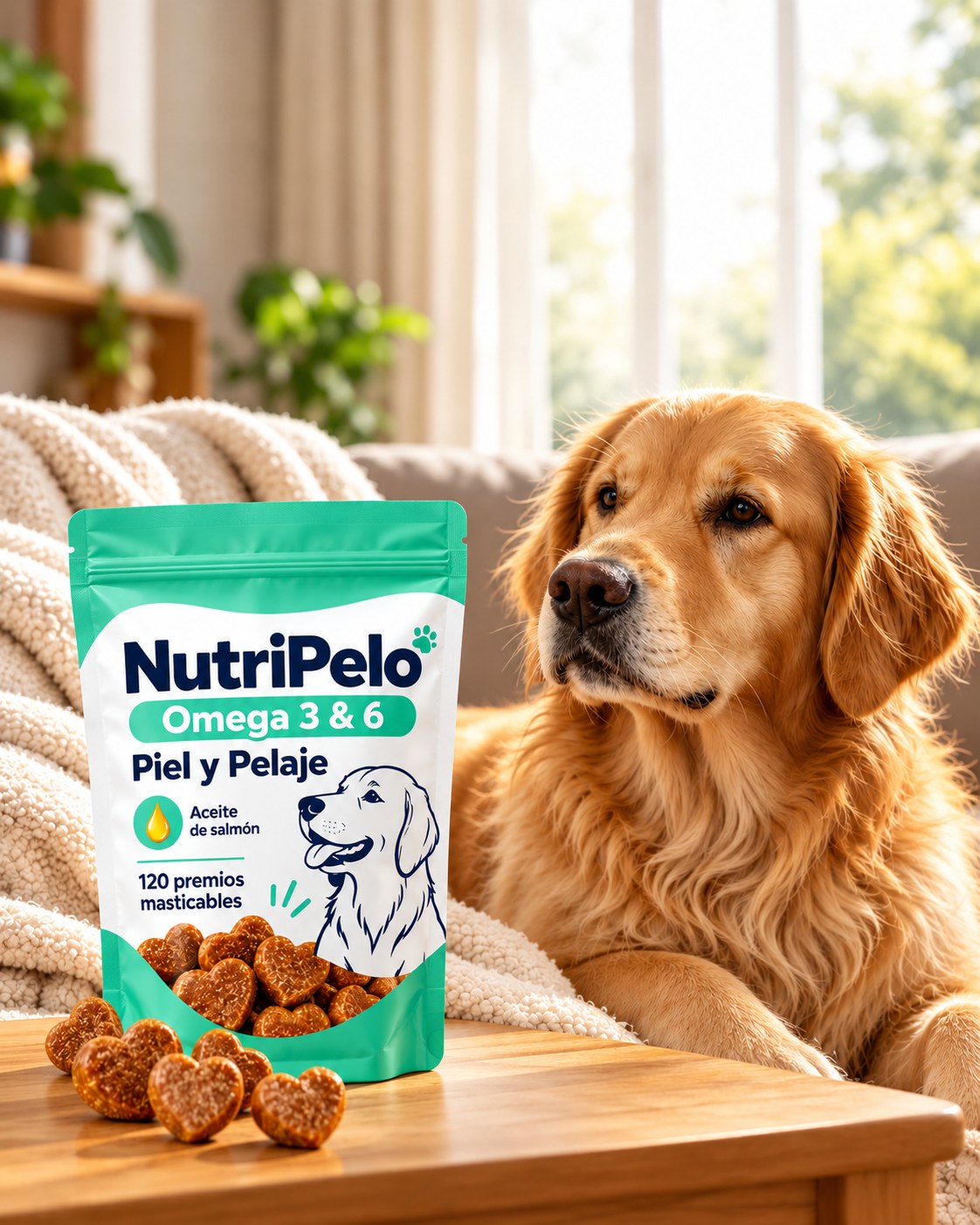 Golden retriever junto a la bolsa de NutriPelo en la sala