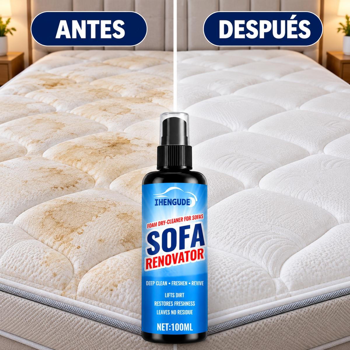 Colchón antes y después de limpiar con espuma en seco