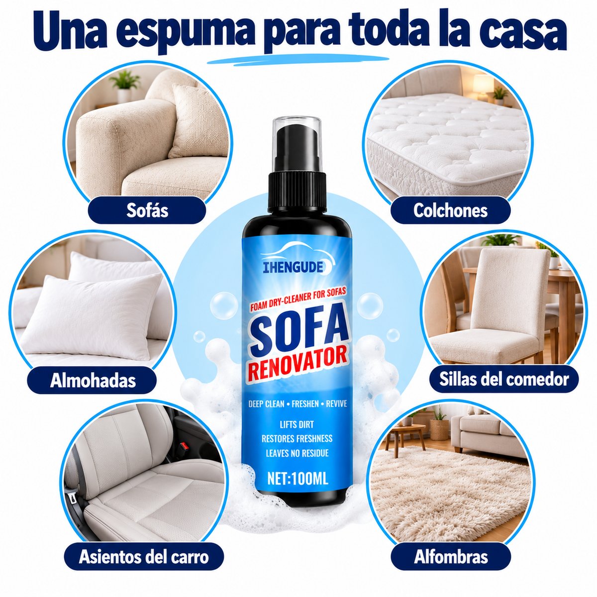 Usos: sofás, colchones, almohadas, sillas, asientos y alfombras